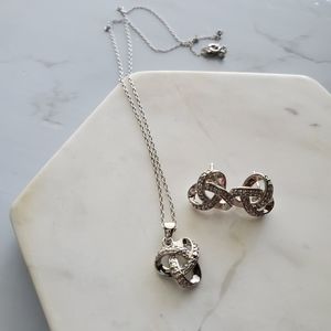 Diamond Love Knot Set Necklace Earrings Sterling Silver Delicate Matching